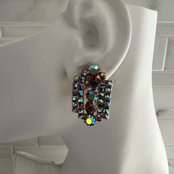 GLAMOROUS VINTAGE WIDE AB Rhinestone JEWELRY SET BRACELET EARRINGS CONTINENTAL - Picture 10 of 12